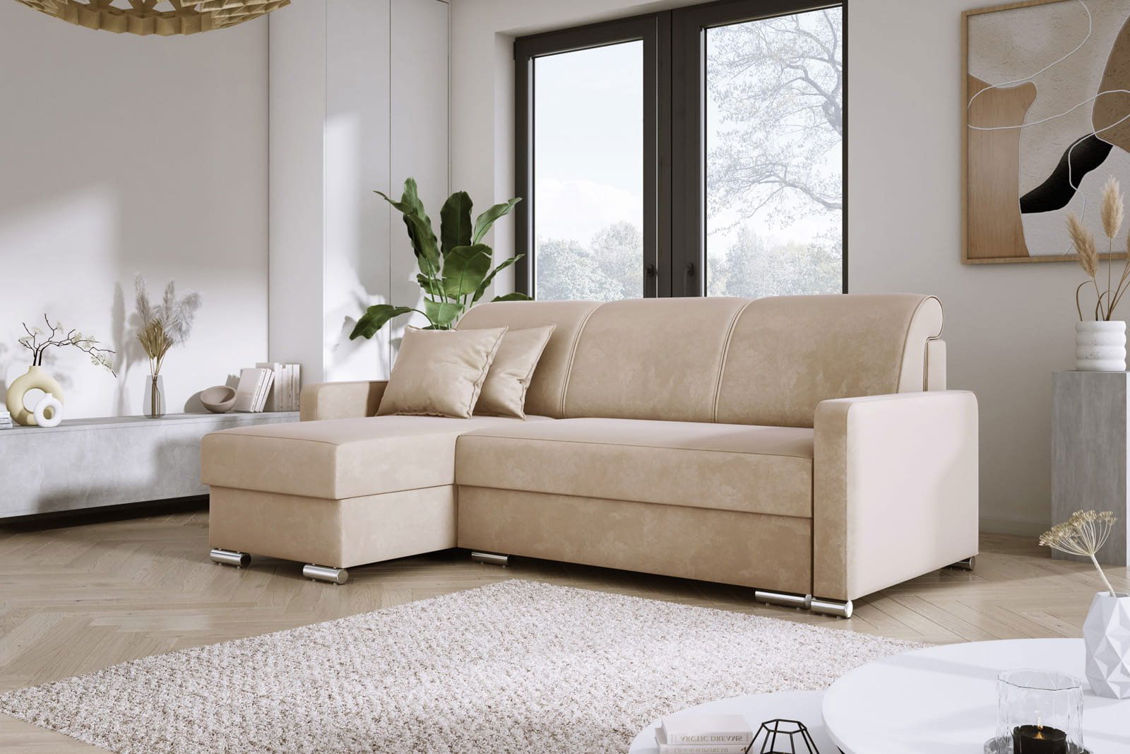 BEIGE CORNER SOFA BED LUNA MINI 225X145 CM - - My Sofas