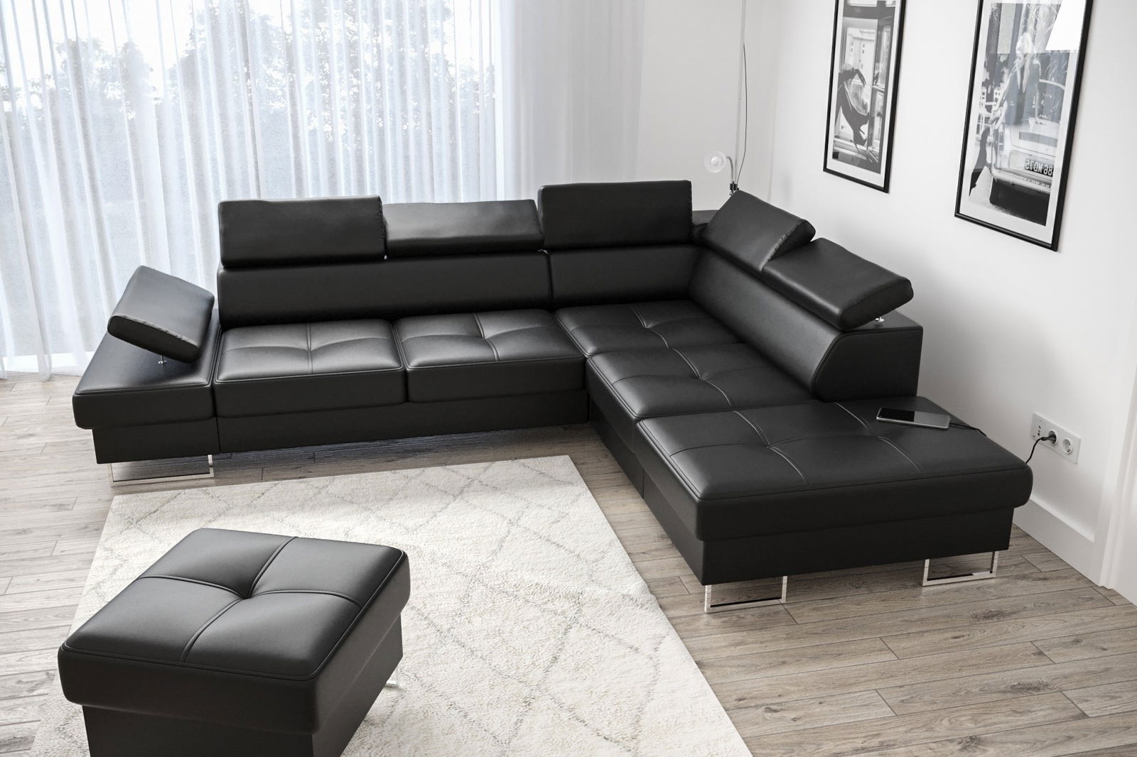 BLACK ECO LEATER CORNER SOFA BED GALAXY 225x280 CM - - My Sofas