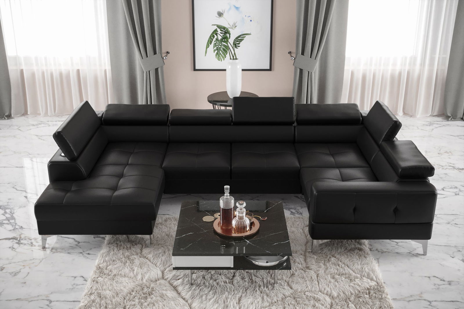 BLACK ECO LEATER EXTENDABLE CORNER SOFA TOSCANIA MAX I 170X350X185 CM - - My Sofas