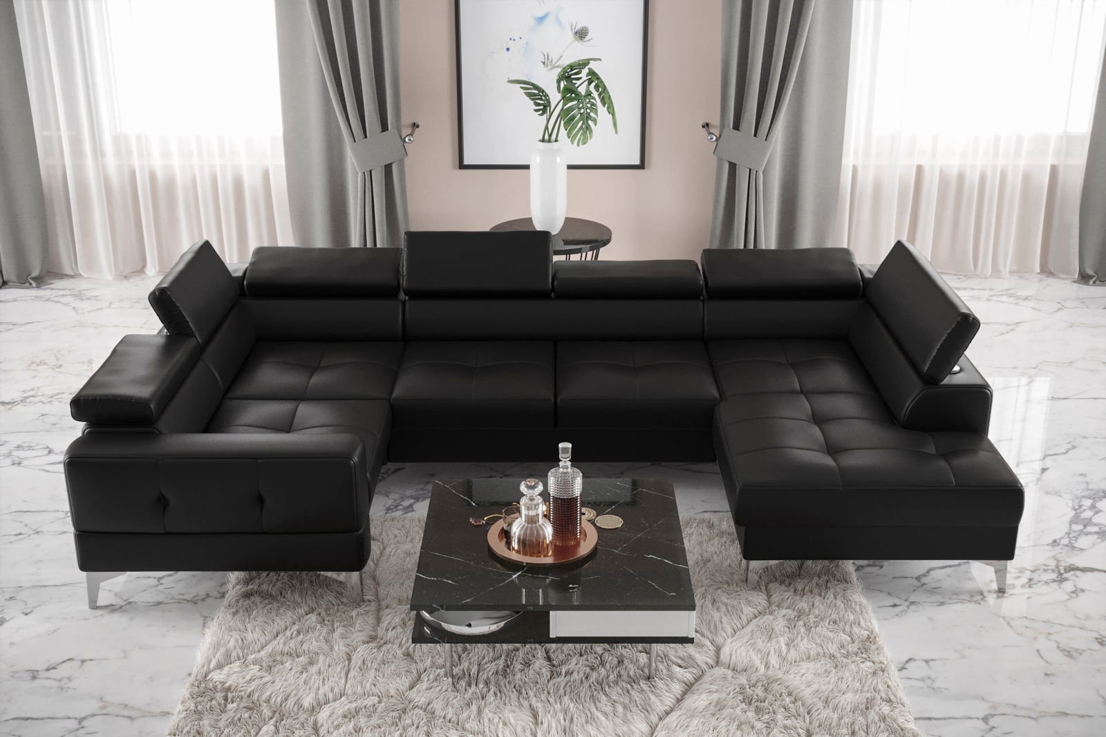 BLACK ECO LEATER EXTENDABLE CORNER SOFA TOSCANIA MAX I 170X350X185 CM - - My Sofas