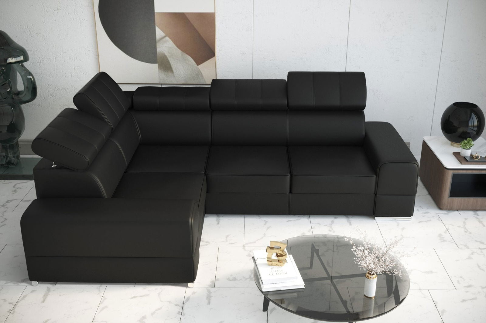 BLACK ECO LEATHER CORNER SOFA BED ROYAL II 280×210 - - My Sofas