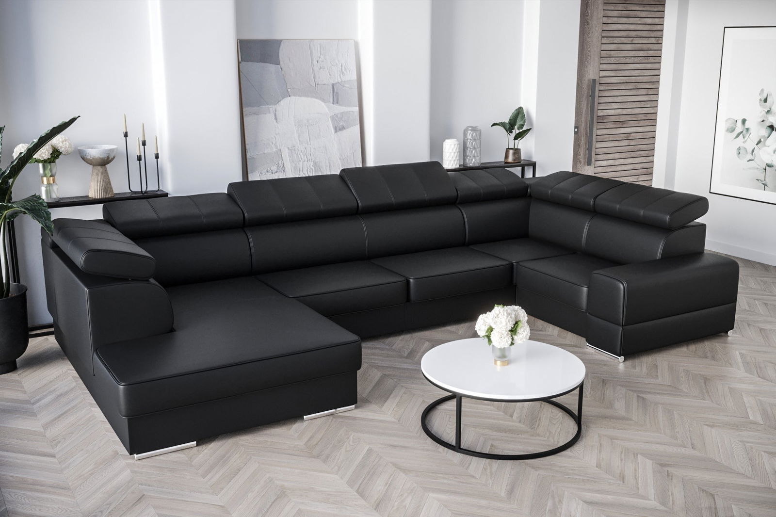 BLACK ECO LEATHER CORNER SOFA BED ROYAL MAX I 210x375x185 - - My Sofas