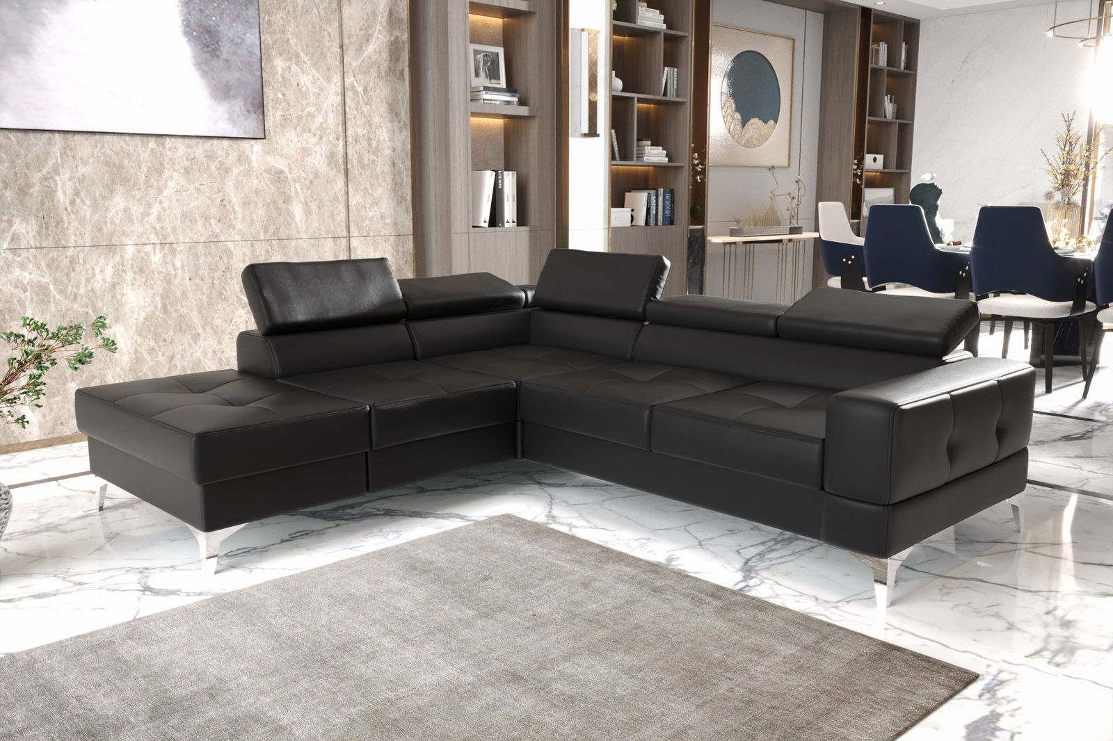 BLACK ECO LEATHER EXTENDABLE CORNER SOFA TOSCANIA II 230×250 CM - - My Sofas