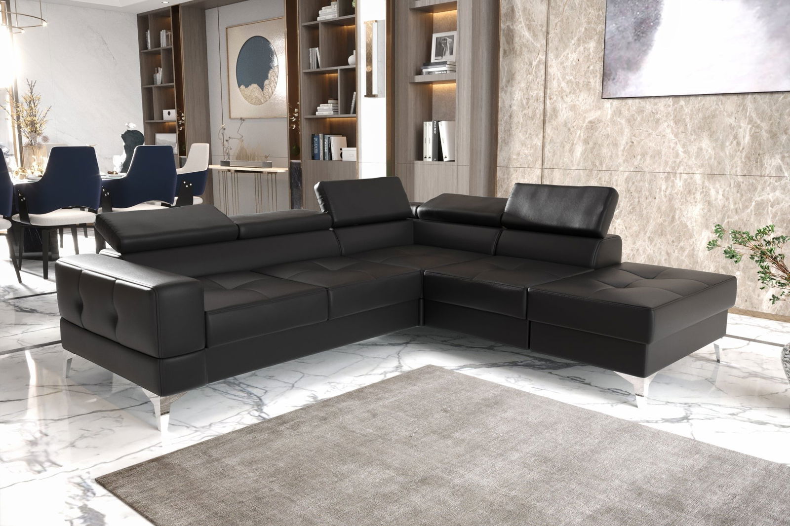 BLACK ECO LEATHER EXTENDABLE CORNER SOFA TOSCANIA II 230×250 CM - - My Sofas