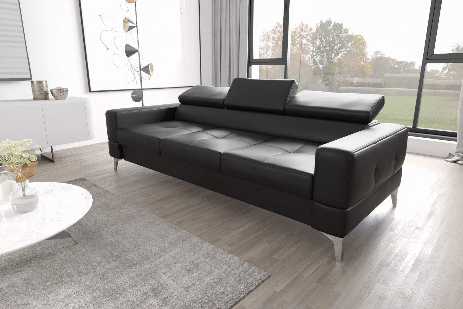 BLACK ECO LEATHER THREE-SEATER SOFA TOSCANIA III 250 CM - - My Sofas