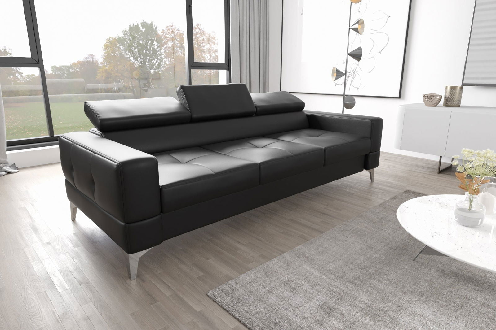 BLACK ECO LEATHER THREE-SEATER SOFA TOSCANIA III 250 CM - - My Sofas
