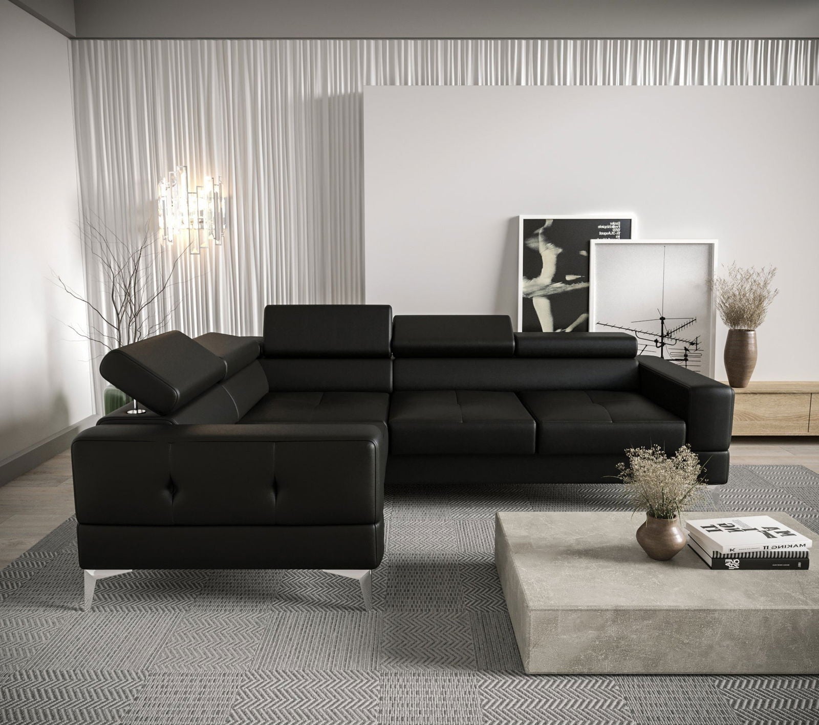 BLACK ECO LEATHER TOSCANIA EXTENDABLE CORNER SOFA BED 250×180 CM - - My Sofas