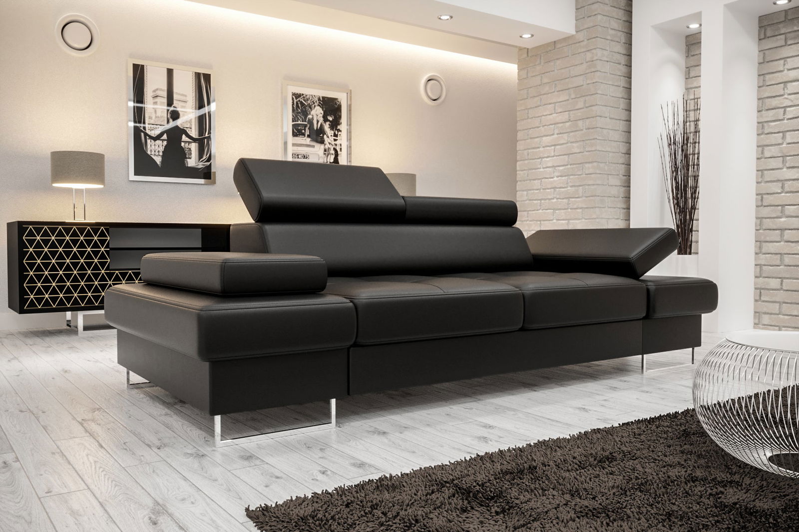 BLACK ECO LEATHER TWO-SEATER SOFA GALAXY II 235 CM - - My Sofas