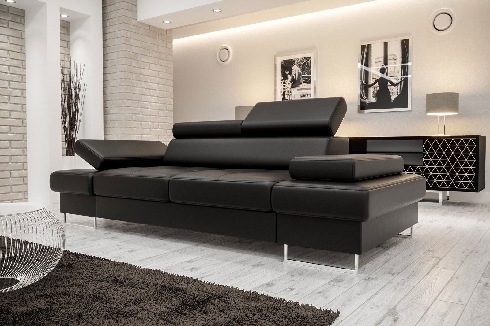 BLACK ECO LEATHER TWO-SEATER SOFA GALAXY II 235 CM - - My Sofas