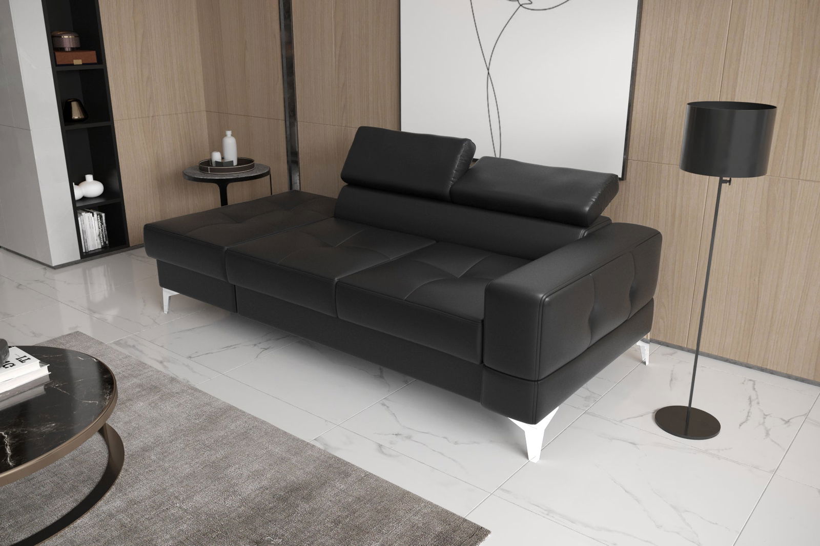 BLACK ECO LEATHER TWO-SEAT SOFA TOSCANIA II CHAISE LONGUE 205 CM -  - My Sofas