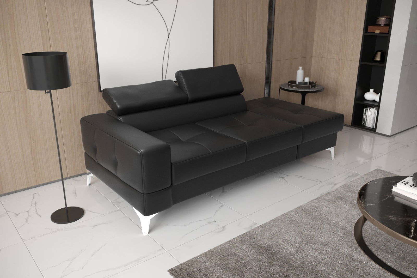 BLACK ECO LEATHER TWO-SEAT SOFA TOSCANIA II CHAISE LONGUE 205 CM -  - My Sofas