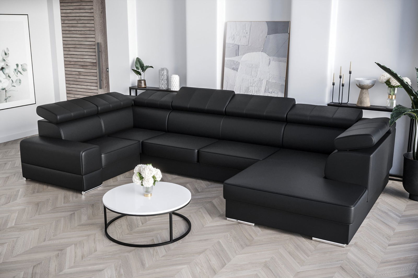 BLACK LEATHER CORNER SOFA BED ROYAL MAX I 210x375x185 - - My Sofas