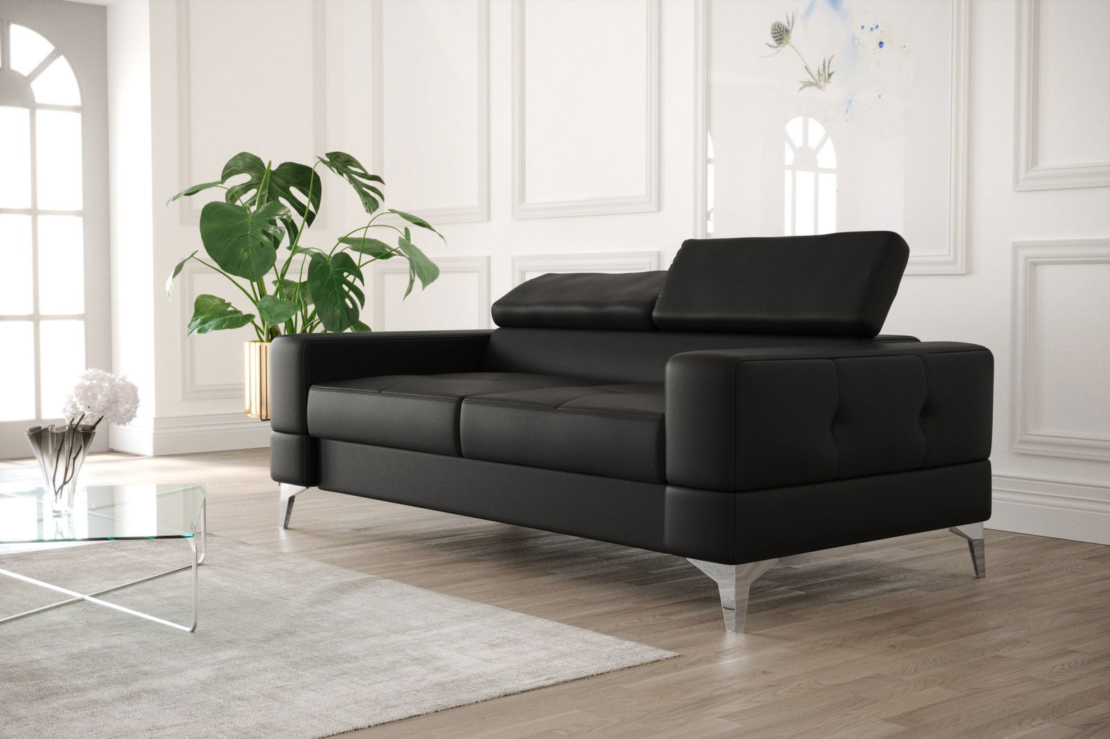 BLACK NATURAL LEATHER TWO-SEATER SOFA TOSCANIA II 180 CM - - My Sofas