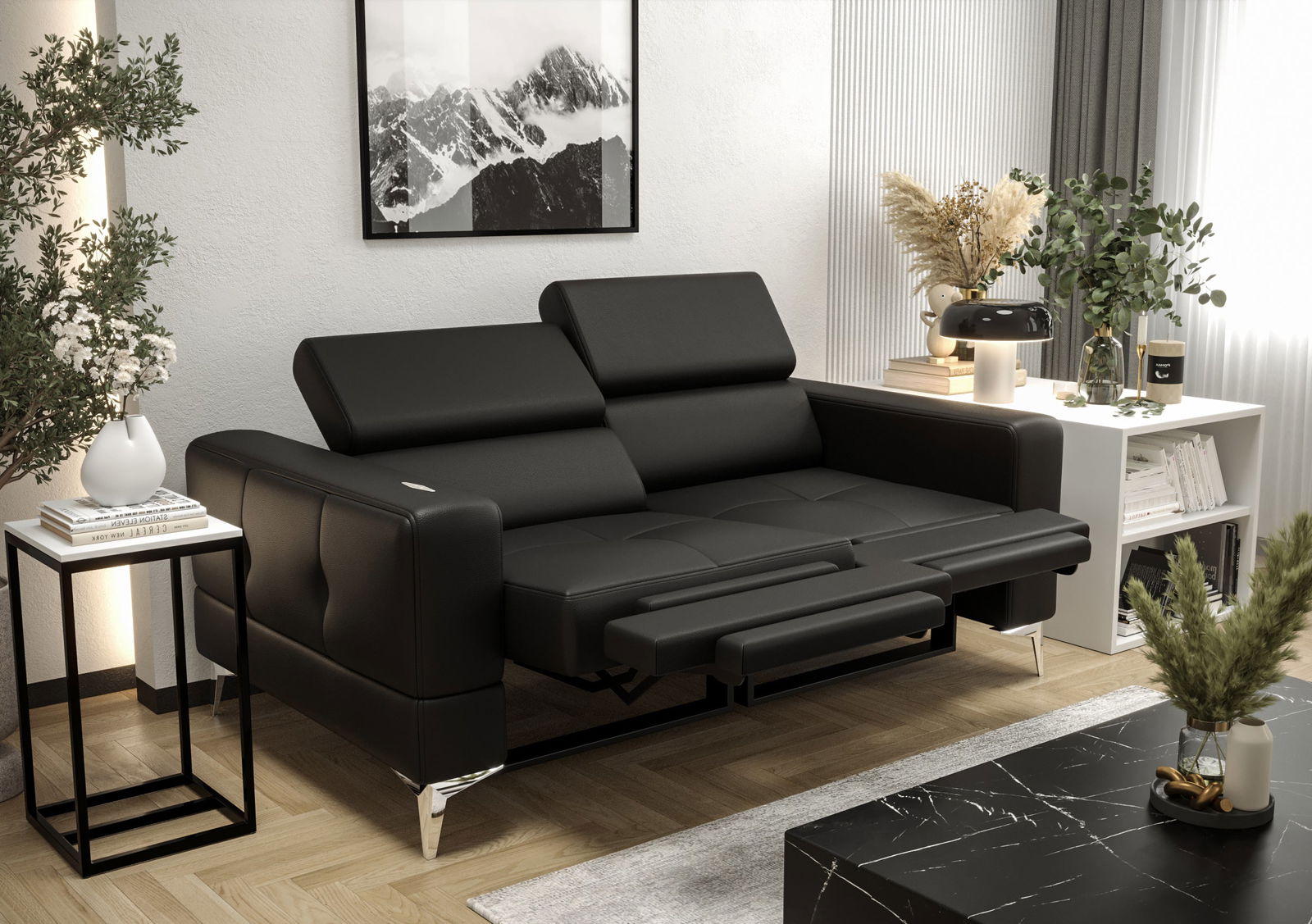 BLACK NATURAL LEATHER TWO-SEATER SOFA TOSCANIA II RELAX 185 CM - - My Sofas