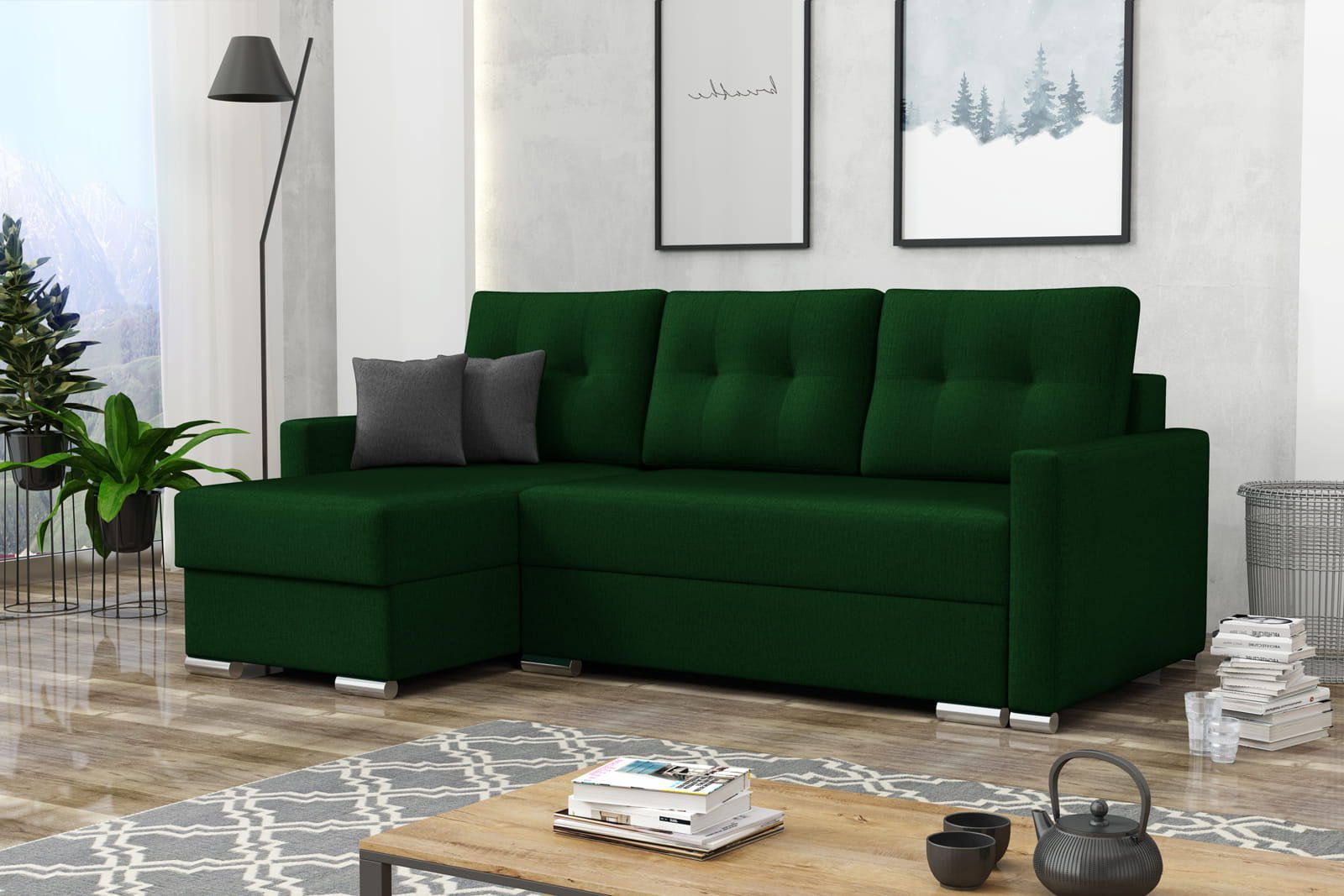 BOTTLE GREEN CORNER SOFA BED ROBY