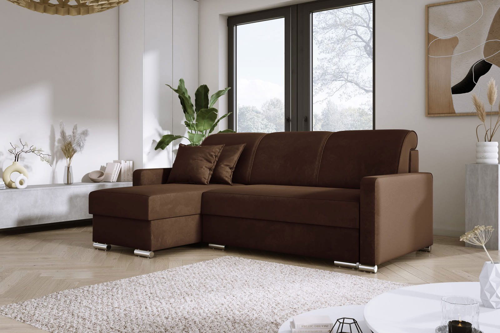 BROWN CORNER SOFA BED LUNA MINI 225X145 CM - - My Sofas