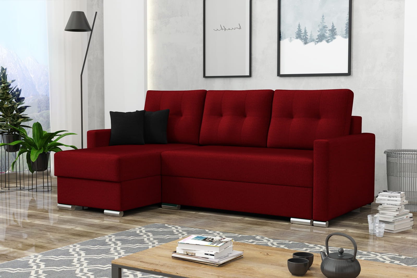 BURGUNDY SMALL CORNER SOFA BED ROBY 220X140