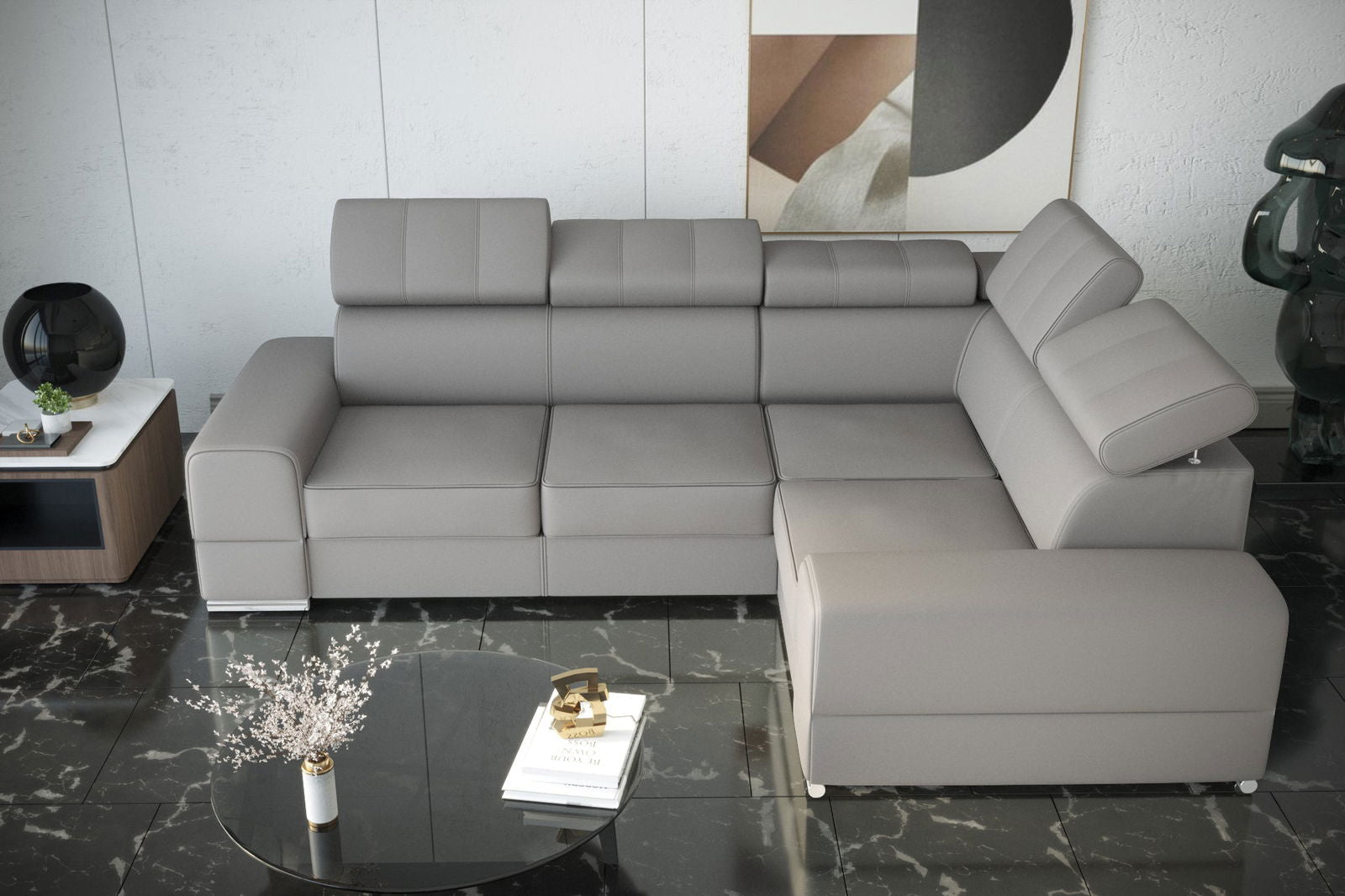 GREY LEATHER CORNER SOFA BED ROYAL II 280×210 - - My Sofas