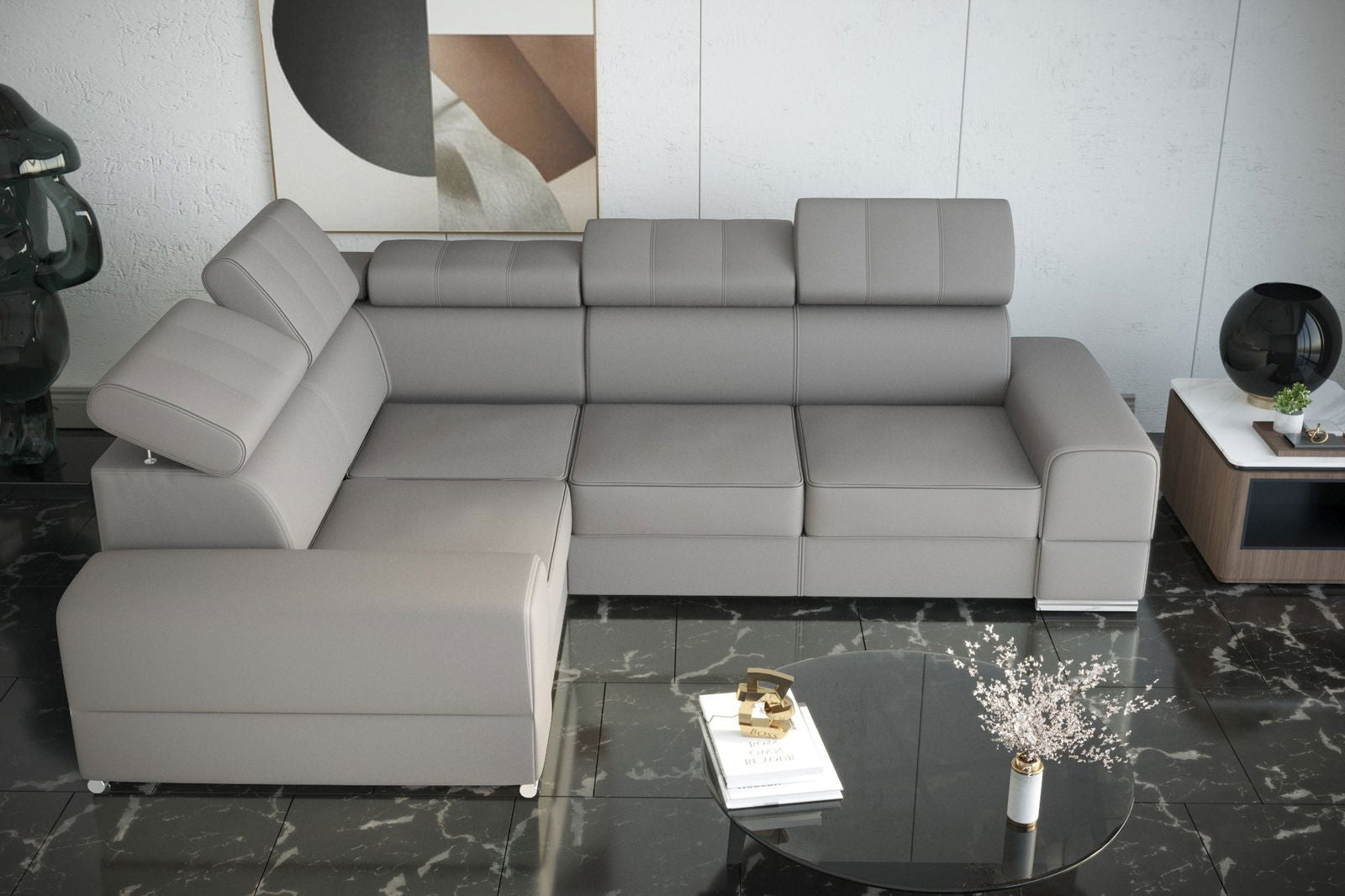 GREY LEATHER CORNER SOFA BED ROYAL II 280×210 - - My Sofas