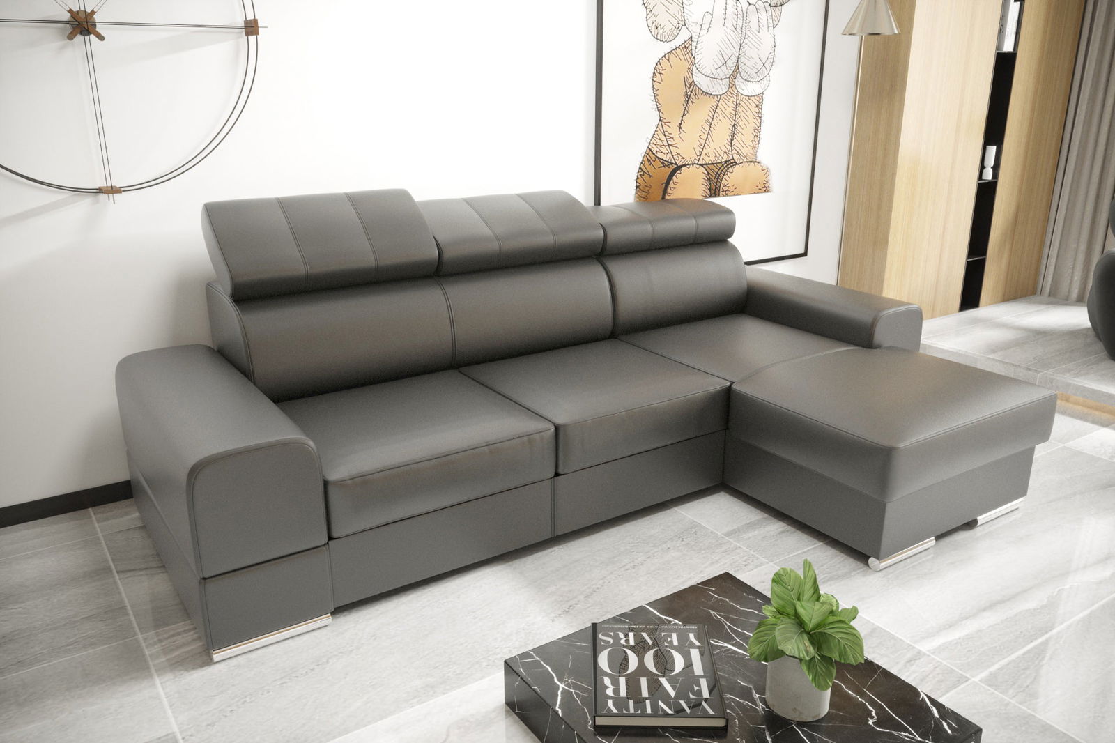 GREY NATURAL LEATHER CORNER SOFA BED ROYAL MINI 260X160 - - My Sofas