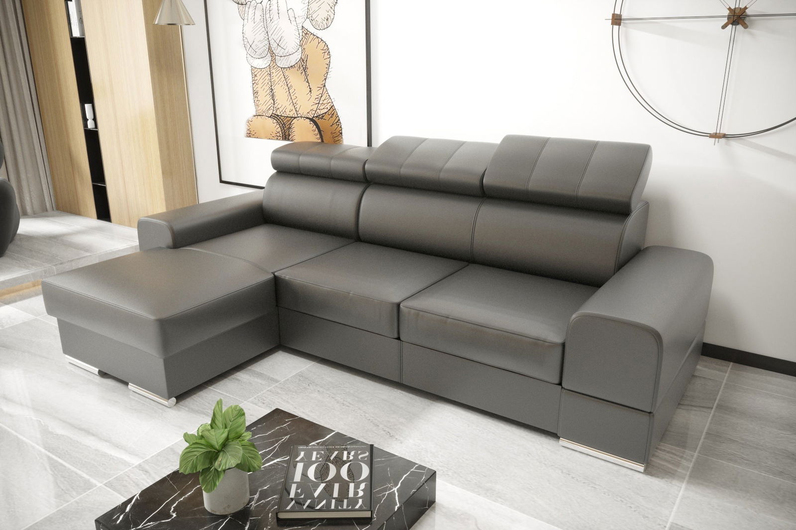 GREY NATURAL LEATHER CORNER SOFA BED ROYAL MINI 260X160 - - My Sofas