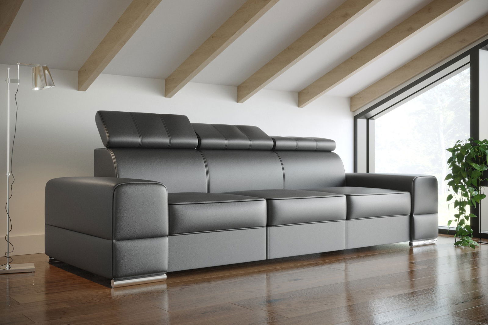 GREY NATURAL LEATHER THREE-SEATER SOFA ROYAL III 295 CM - - My Sofas