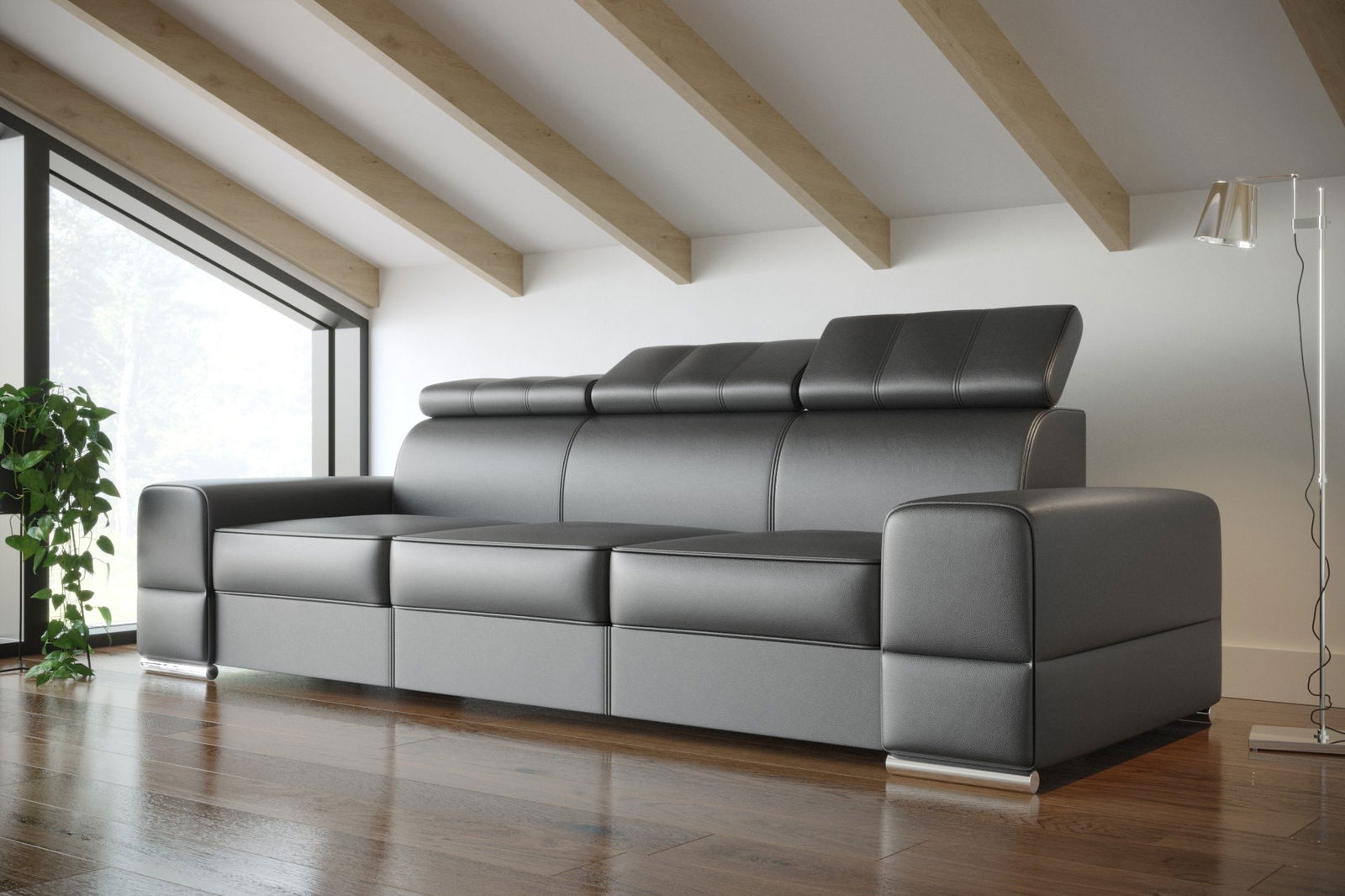 GREY NATURAL LEATHER THREE-SEATER SOFA ROYAL III 295 CM - - My Sofas