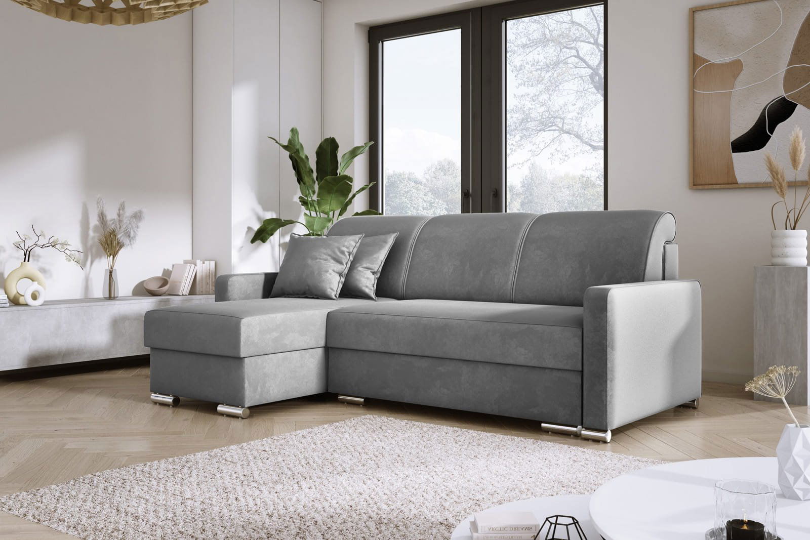 LIGHT GREY CORNER SOFA BED LUNA MINI 225X145 CM - - My Sofas
