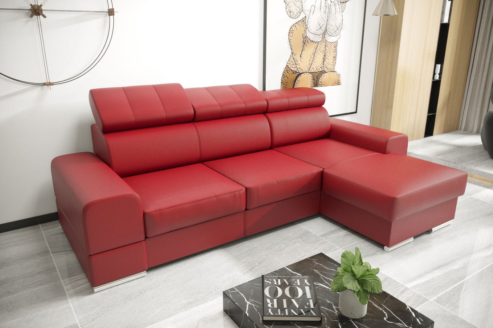 RED NATURAL LEATHER CORNER SOFA BED ROYAL MINI 260X160 - - My Sofas