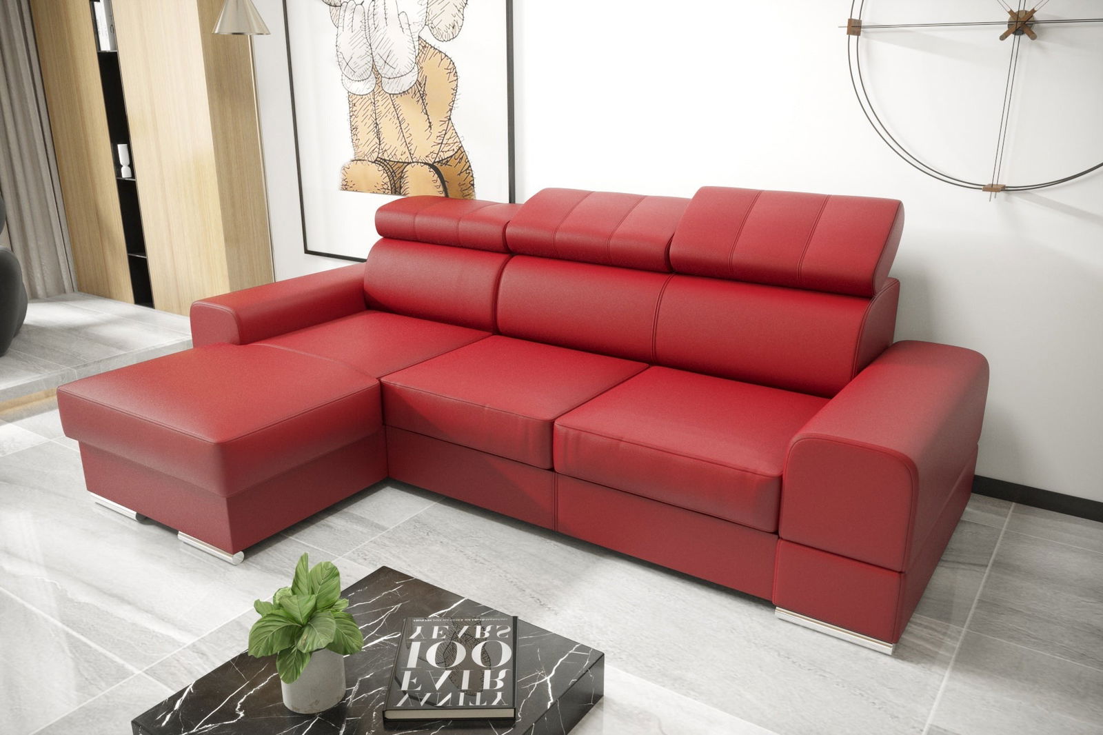 RED NATURAL LEATHER CORNER SOFA BED ROYAL MINI 260X160 - - My Sofas