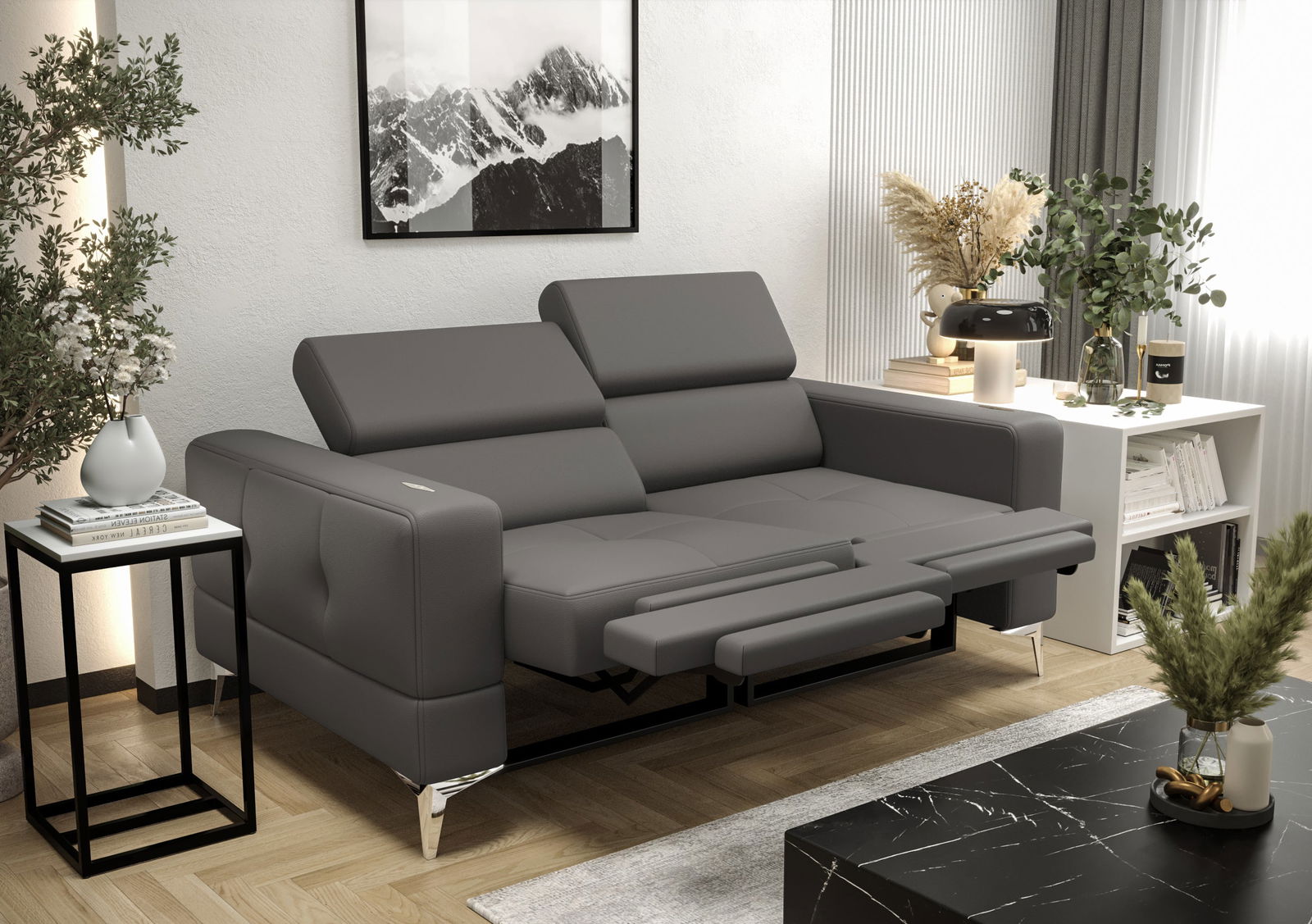 SHADES OF GREY NATURAL LEATHER TWO-SEATER SOFA TOSCANIA II RELAX 185 CM - - My Sofas