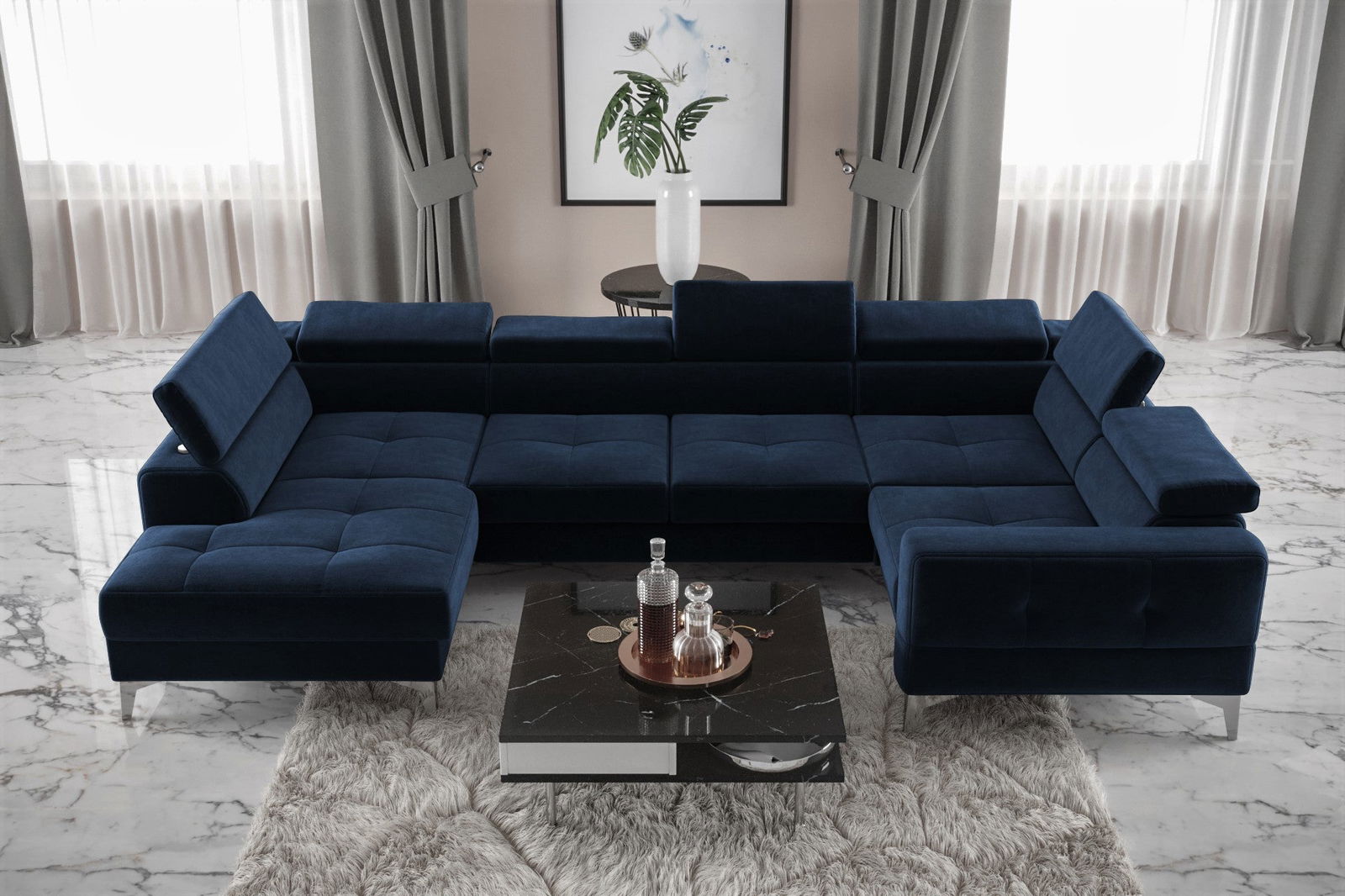 SHADES OF NAVY BLUE EXTENDABLE CORNER SOFA TOSCANIA MAX I 170X350X185 CM - - My Sofas