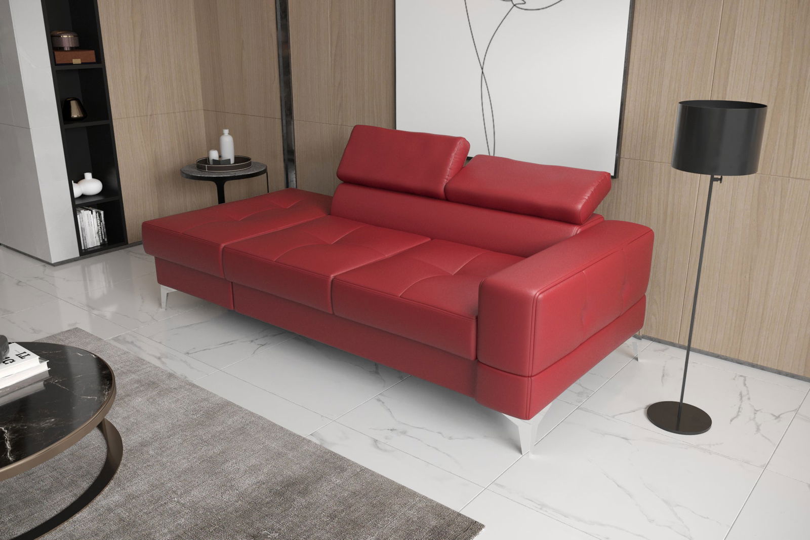 SHADES OF RED NATURAL LEATHER TWO-SEAT SOFA TOSCANIA II CHAISE LONGUE 205 CM - - My Sofas