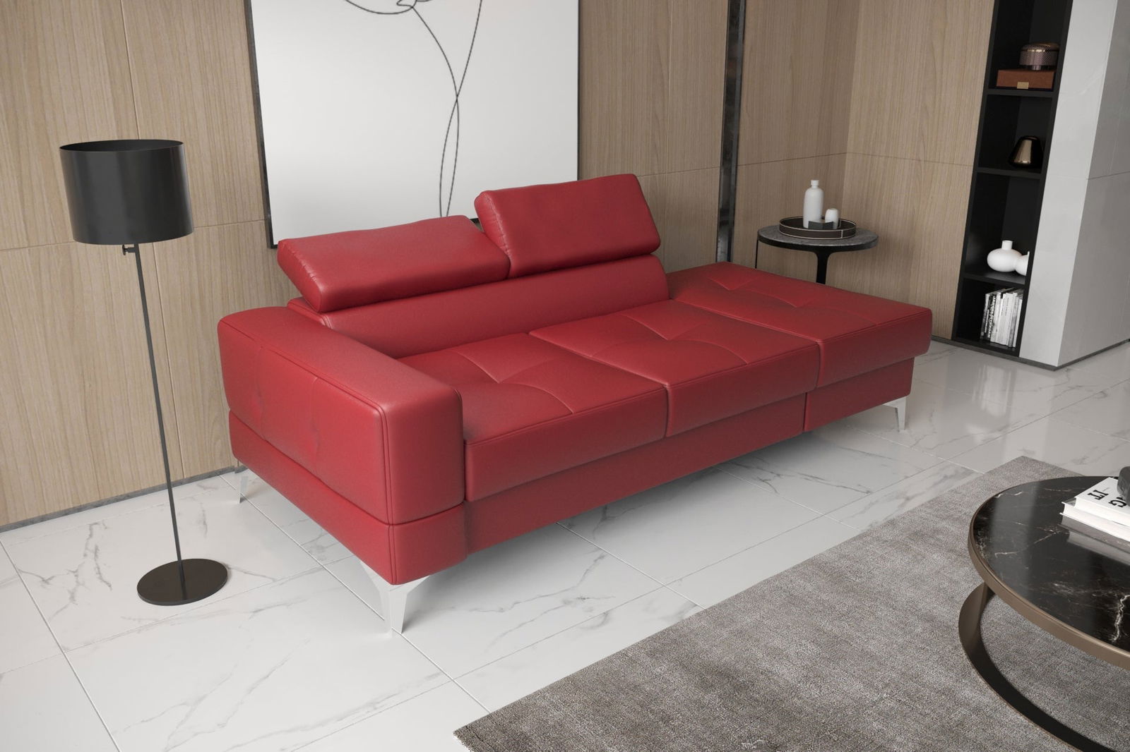 SHADES OF RED NATURAL LEATHER TWO-SEAT SOFA TOSCANIA II CHAISE LONGUE 205 CM - - My Sofas