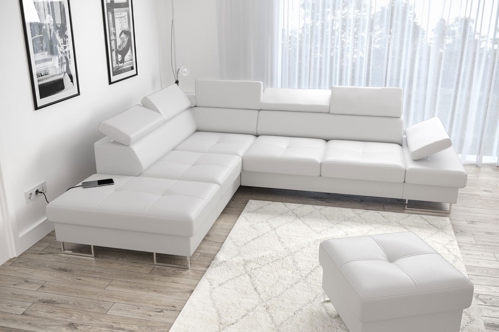 WHITE ECO LEATHER CORNER SOFA BED GALAXY 225x280 CM - - My Sofas