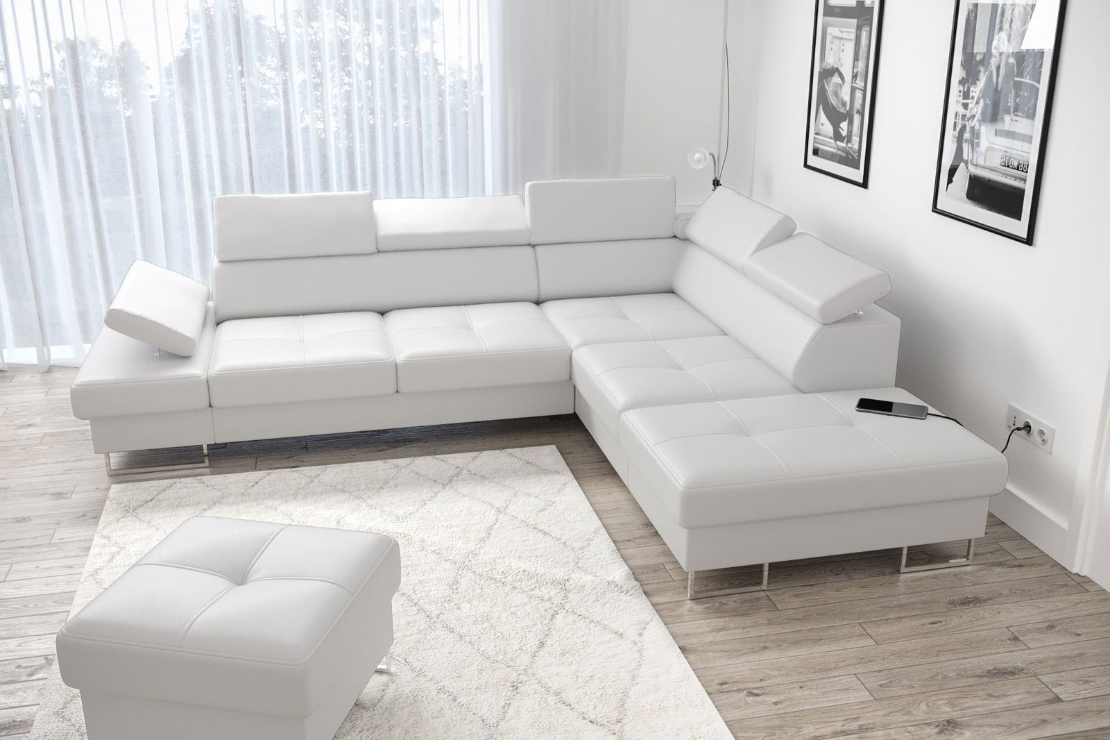 WHITE ECO LEATHER CORNER SOFA BED GALAXY 225x280 CM - - My Sofas