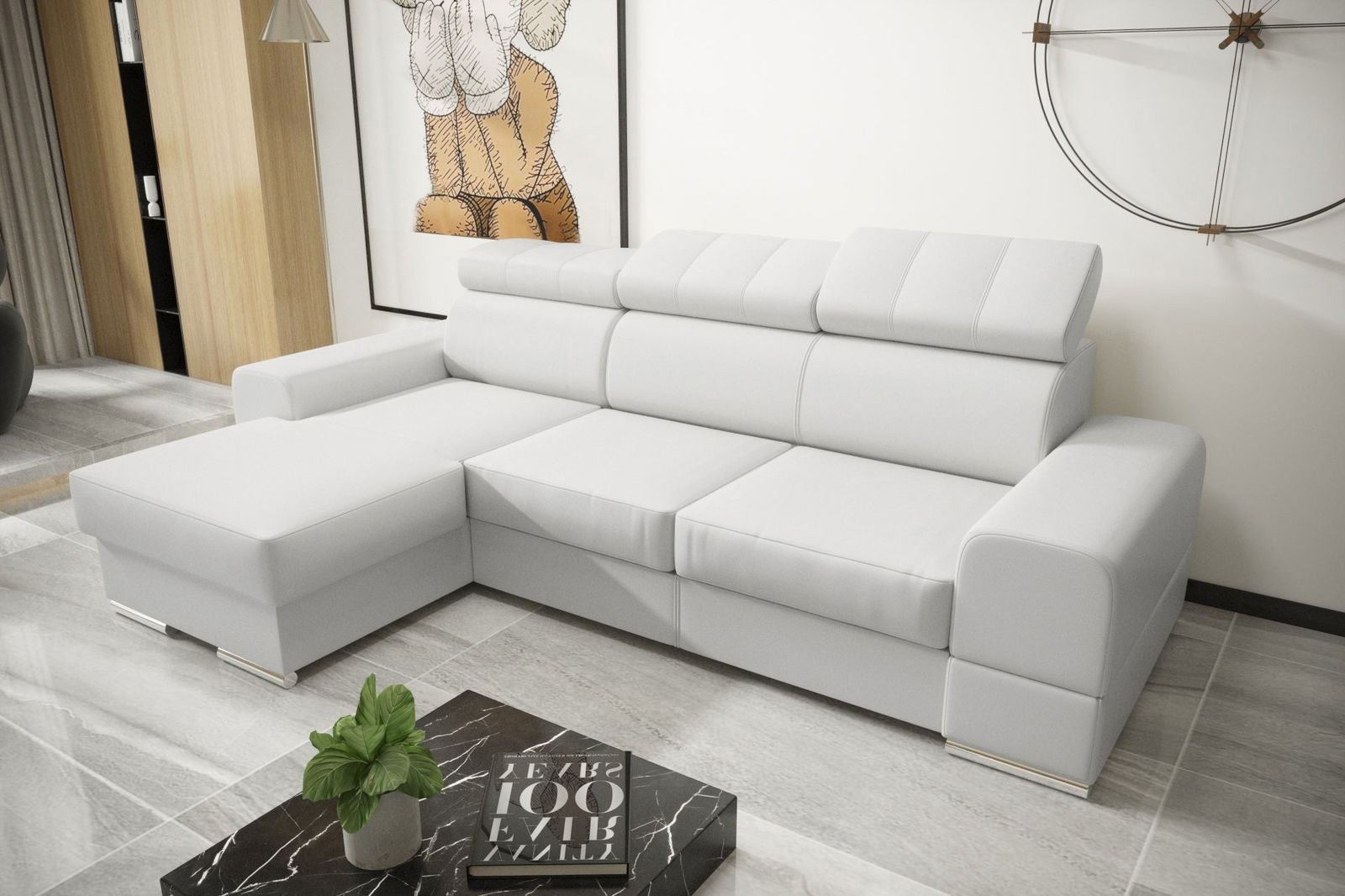 WHITE ECO LEATHER CORNER SOFA BED ROYAL MINI 260X160 - - My Sofas