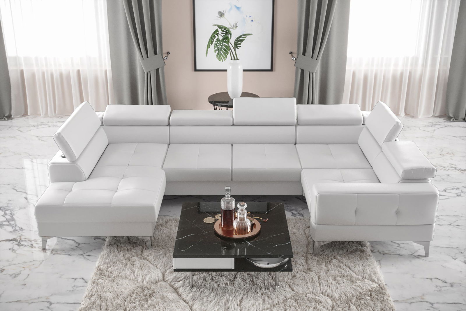 WHITE ECO LEATHER EXTENDABLE CORNER SOFA TOSCANIA MAX I 170X350X185 CM - - My Sofas