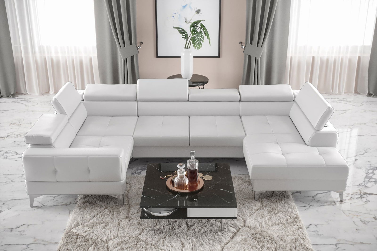 WHITE ECO LEATHER EXTENDABLE CORNER SOFA TOSCANIA MAX I 170X350X185 CM - - My Sofas