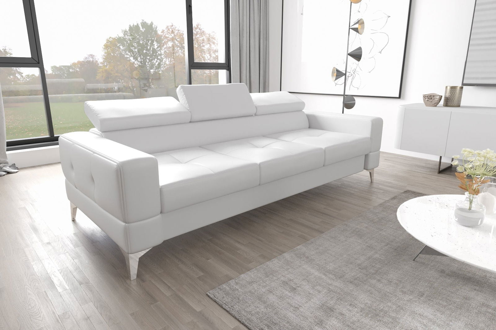 WHITE ECO LEATHER THREE-SEATER SOFA TOSCANIA III 250 CM - - My Sofas