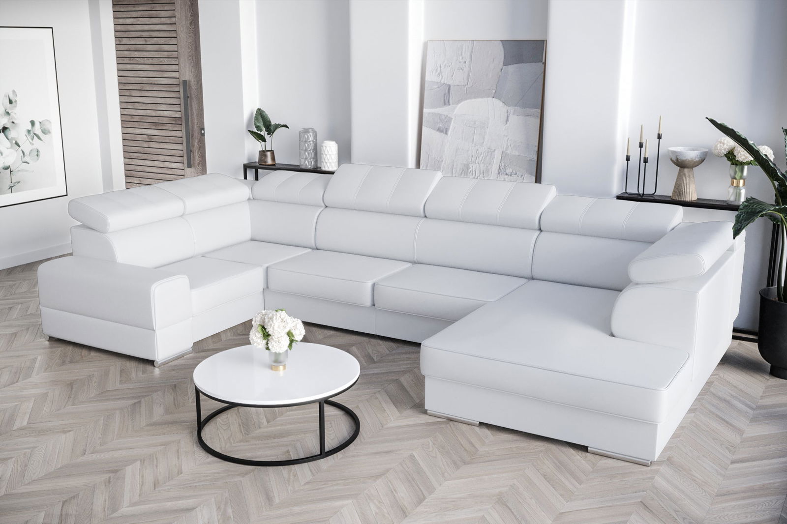 WHITE LEATHER CORNER SOFA BED ROYAL MAX I 210x375x185 - - My Sofas