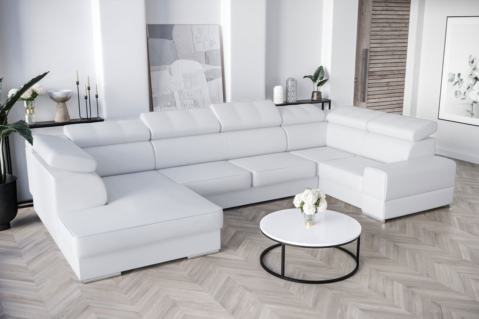 WHITE LEATHER CORNER SOFA BED ROYAL MAX I 210x375x185 - - My Sofas