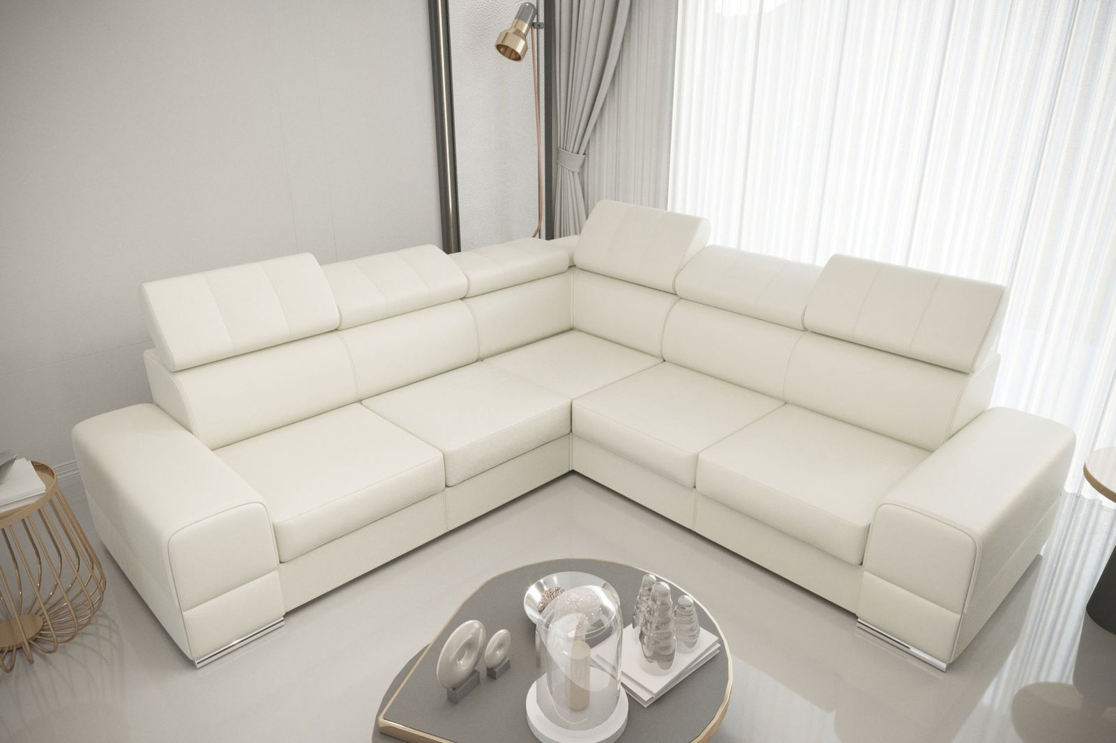 WHITE NATURAL LEATHER CORNER SOFA BED ROYAL MAX 286X286 - - My Sofas