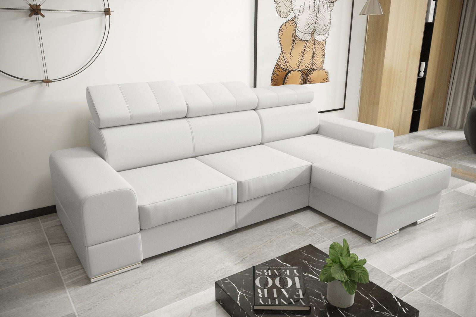 WHITE NATURAL LEATHER CORNER SOFA BED ROYAL MINI 260X160 - - My Sofas