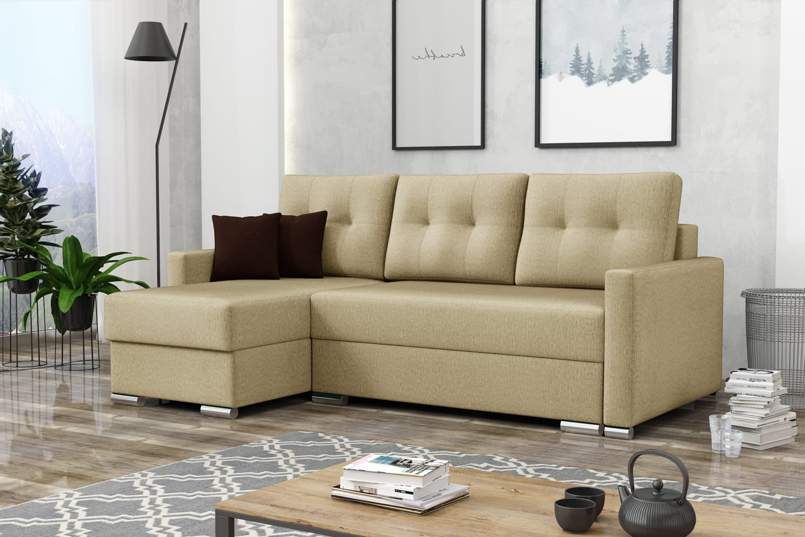 BEIGE CORNER SOFA BED ROBY 220X140