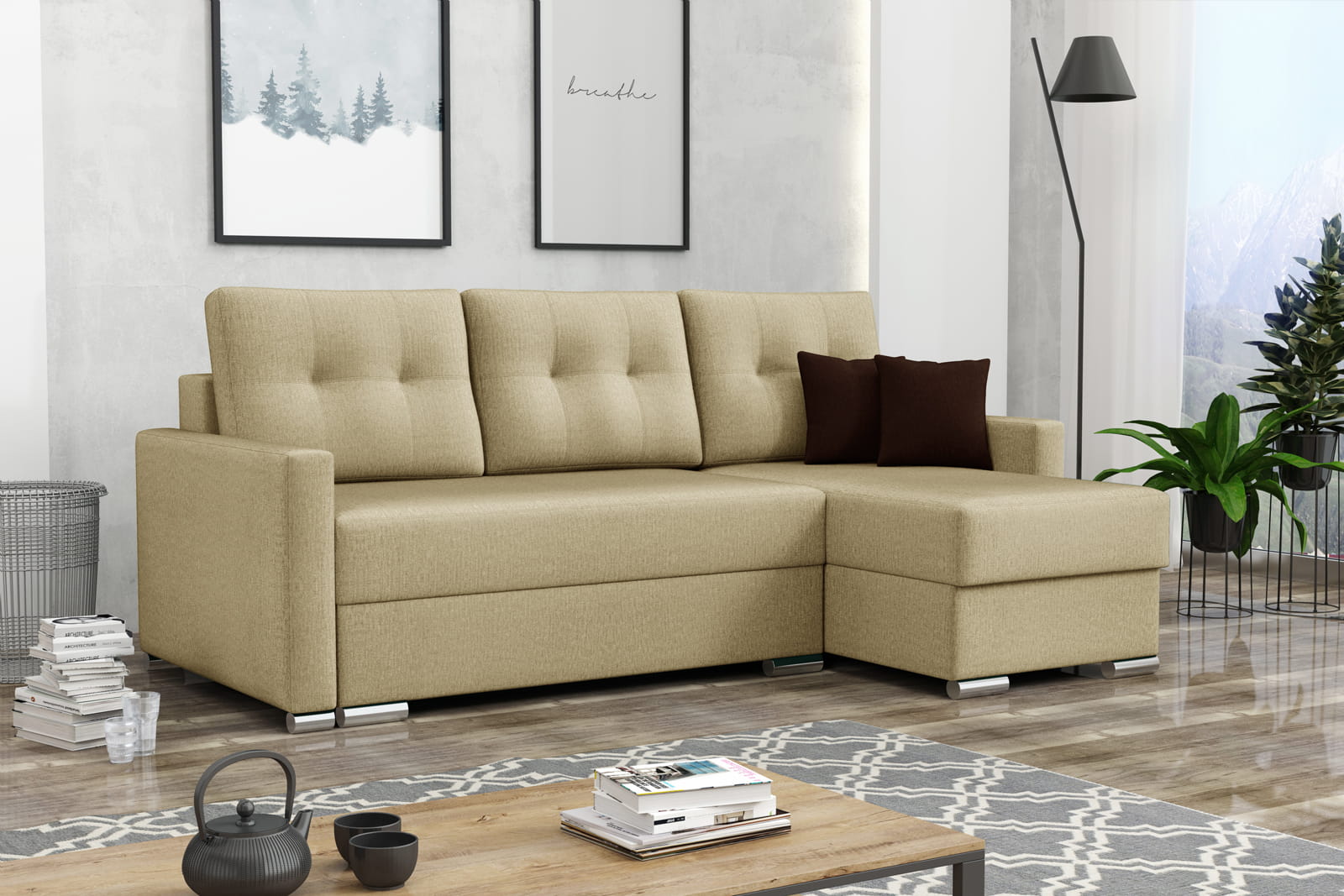 BEIGE CORNER SOFA BED ROBY