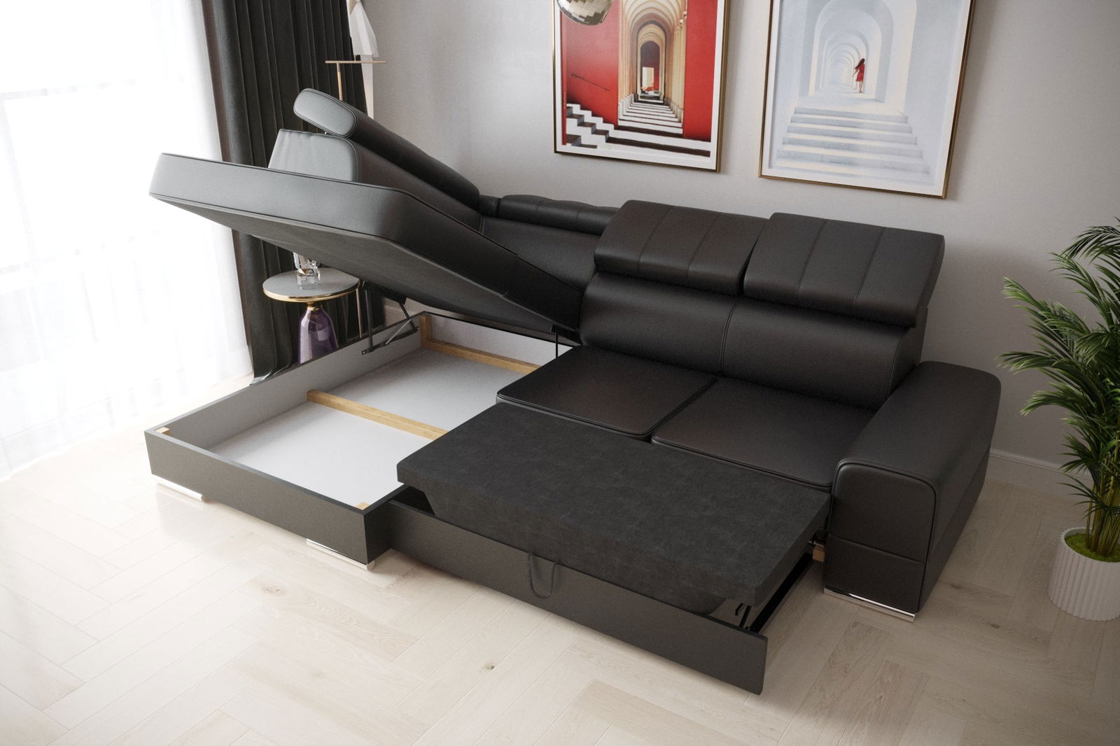 BLACK ECO LEATHER CORNER SOFA BED ROYAL I 260×185 -  - My Sofas 