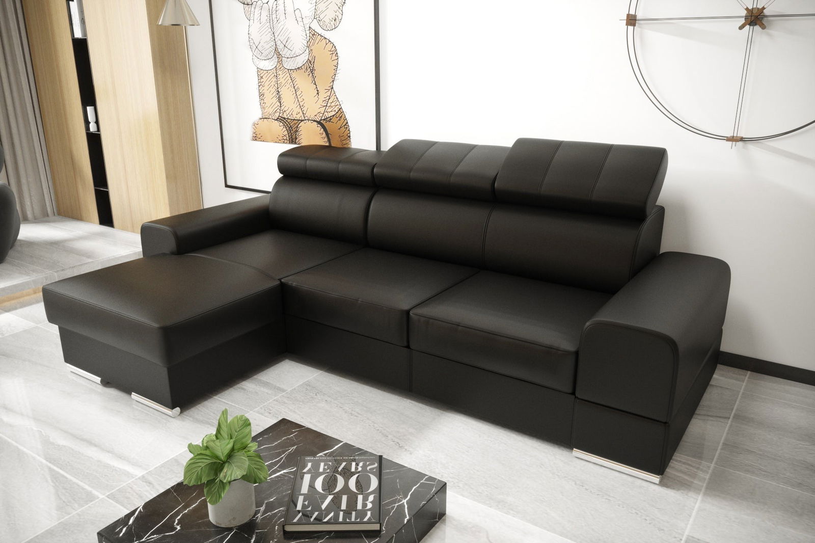BLACK NATURAL LEATHER CORNER SOFA BED ROYAL MINI 260X160 -  - My Sofas 