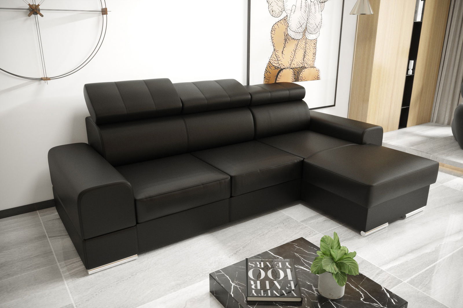 BLACK NATURAL LEATHER CORNER SOFA BED ROYAL MINI 260X160 -  - My Sofas 