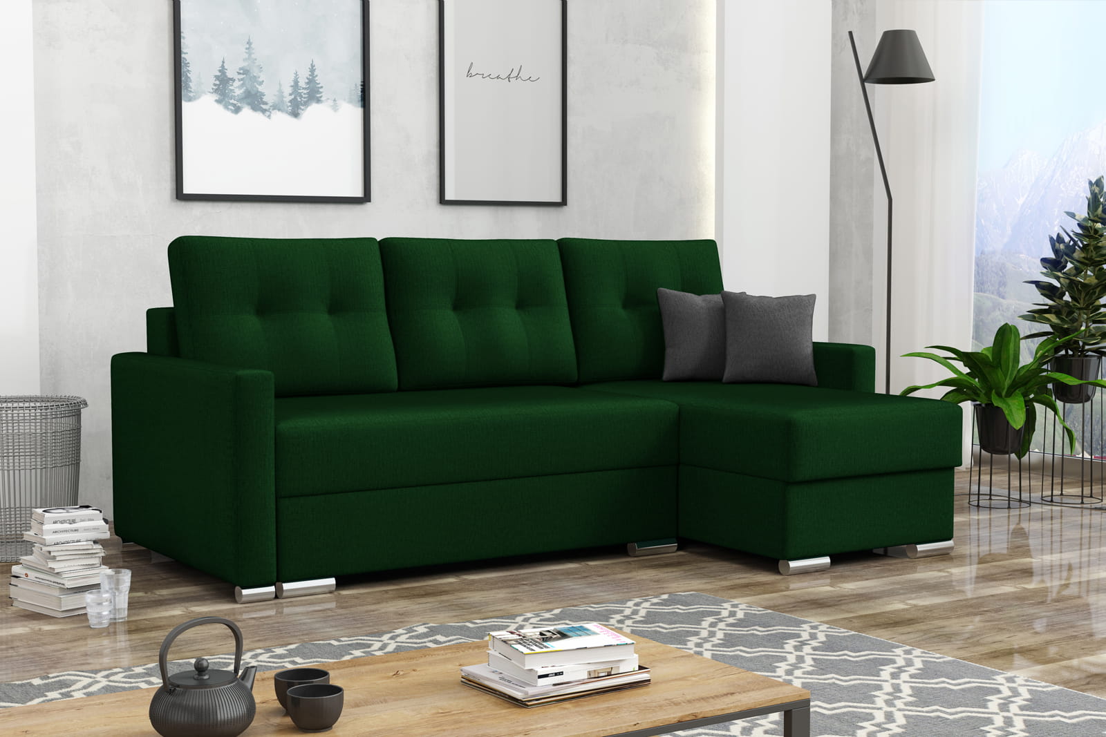 BOTTLE GREEN CORNER SOFA BED ROBY 220X140